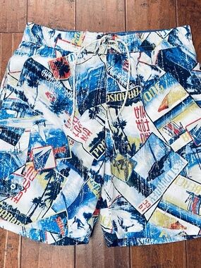 Caribbean Joe Blue Graphic Swim Shorts,Elastic Waist-Mesh Lining, Pockets in&Out